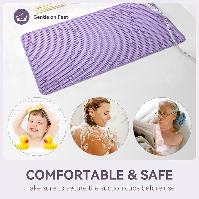 Bathtub Mat Non Slip, Soft Foam Bath Mat for Tub, Bathtub Mat with Drain Holes, Suction Cups Shower Mat (Purple, 36''X17'')