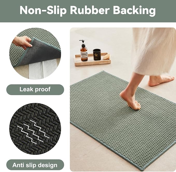 Triohero Bathroom Rugs Non Slip Washable, Super Absorbent Thin Bath Mat Quick Dry Low Pile Bathroom Rug, Sage Green 24"x36"