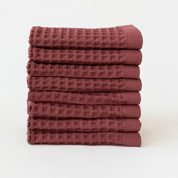 Waffle Washcloths Set of 8 Dark Red - Premium Quality 100% Turkish Cotton Face Washcloth, Soft Makeup Towel, Shower Cloth, Kitchen Towel (Dark Red, Set of 8 Washcloths)