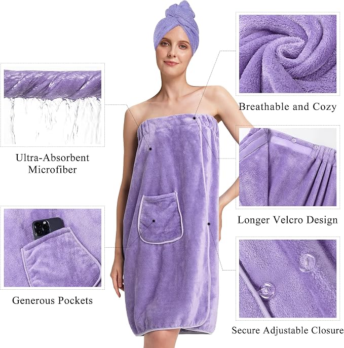 PJGGZ Towel Wrap for Women, Three Adjust Clasps Closure Bath Wraps After Shower Spa Sauna Bathrobe(Available in Plus Size)