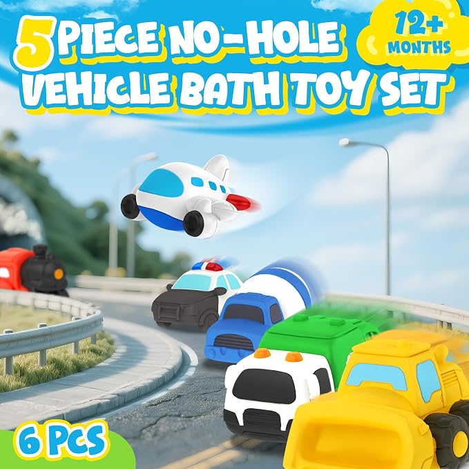 Zippytots 6 PCS Vehicle Floating Bath Toys Mold Free Infant Bath Tub Toys for 12 Months - No Hole Bathtub Toys for Toddlers 1-3 Water Pool Toys for Baby Toddler Ages 1+