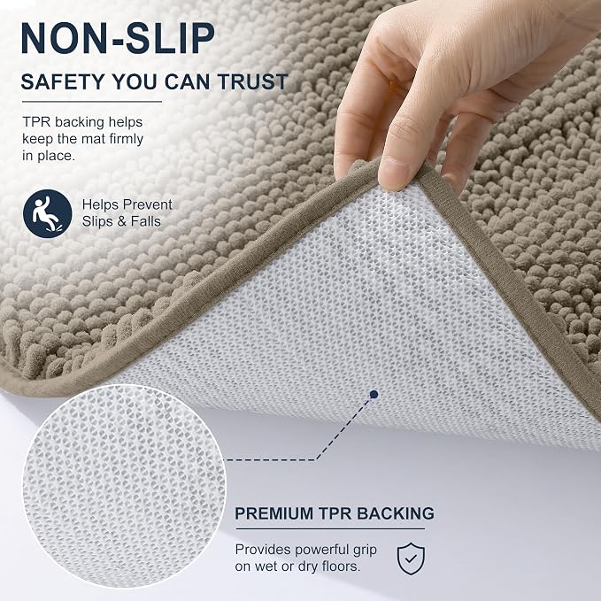 Smiry Thick Chenille Bathroom Runner Rugs 44x24, Extra Absorbent Striped Bath Mat, Machine Washable, Rubber Backing, Long Bath Rugs for Bathroom, Tub & Shower, Home Decor Accessories, Warm Taupe