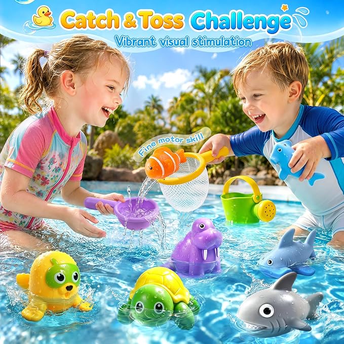 Baby Bath Toys, Toddler Tub Water Toys for Kids Pool Toys Floating Easy Clean Ocean Animal Bathtub Toys with Storage Bag,Watering Can, Bath Cups(10 PCS )