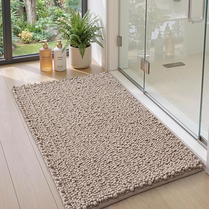 DEXI Bathroom Rugs 24x16, Super Soft Thick Chenille Absorbent Bath Mat, Non Slip Machine Washable Fluffy Shag Bathmat for Tub, Shower Floor, Dark Beige