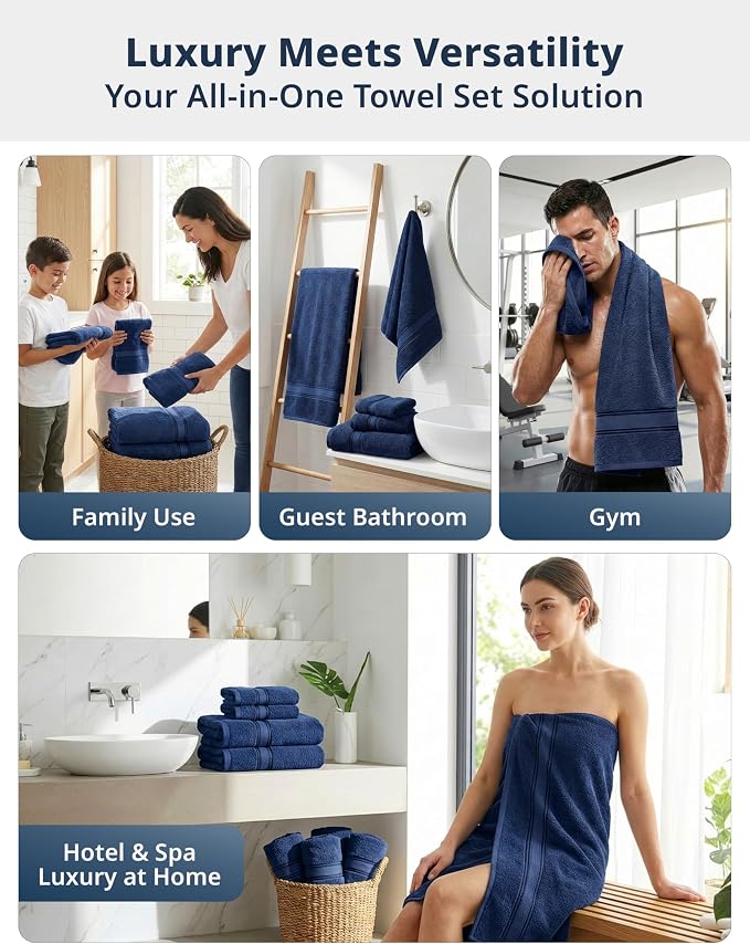 LANE LINEN Luxury Bath Towels Set - 6 Piece Set, 100% Cotton Bathroom Towel, Zero Twist, Quick Dry Shower Towels, Extra Soft Absorbent Towel, 2 Bath Towels, 2 Hand Towels, 2 Wash Cloths - Navy