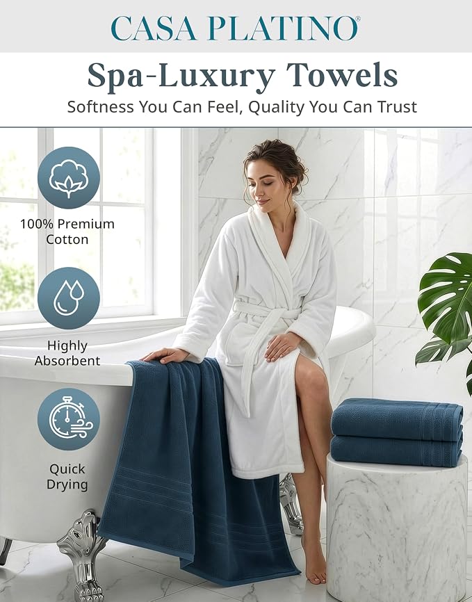 Casa Platino 100% Cotton 4 Pack Bath Towels (30"x60") - Ring Spun Mercerized Cotton Bathroom Towels Set - Quick Dry, Soft & Absorbent Large Bath Towels - Machine Wash in Cold Water - Steel Blue