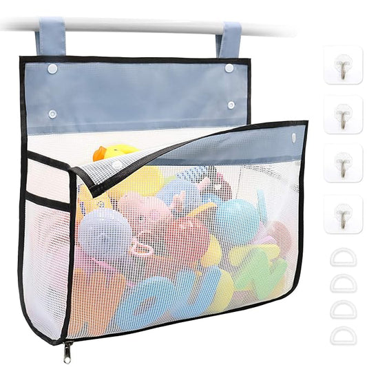 Muchufn Bath Toy Organizer Multiple Ways to Hang | Extra Large Opening Bathroom Toy Holder, Bottom Zipper Bathtub Toy Storage Bag (Black)