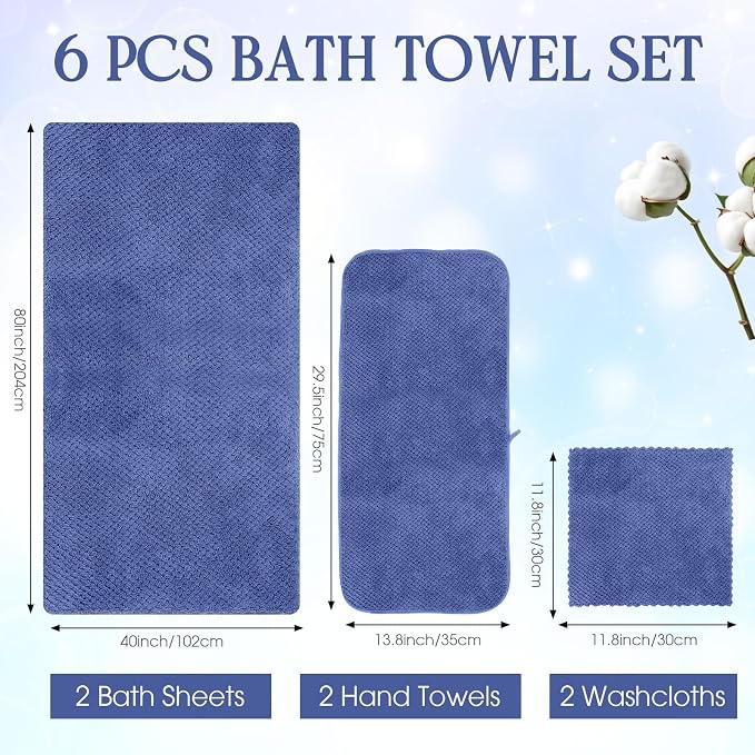 Peryiter 6 Pcs Bath Towel Set Oversized Bath Sheet Super Soft Microfiber Bathroom Sheets for Adults Quick Dry Highly Absorbent Shower Towel Sets for Bathroom Dorm Spa Gym Hotel Yoga(Dark Blue)