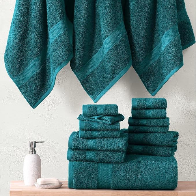 LANE LINEN 100% Cotton Bathroom Towels Set - 18 Piece - Super Soft, Quick Dry & Highly Absorbent - 4 Bath, 8 Washcloth, 6 Hand Towels - Premium Hotel Quality, Ideal for Spa & Salons - Seaport Blue