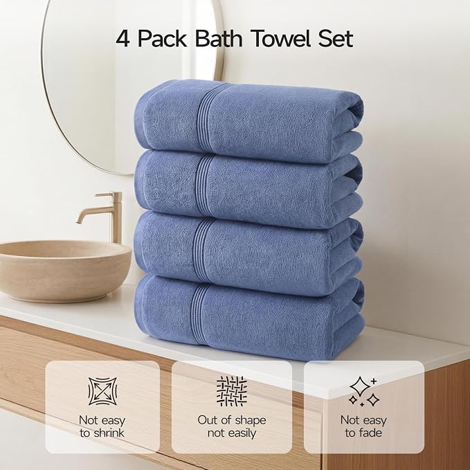 ecolook Bath Towels Set of 4, 100% Cotton, 27 x 55 Inches, Quick-Drying & Absorbent, Lightweight, Soft Towels for Bathroom,Shower,Spa, Gym & Hotel, Dark Blue