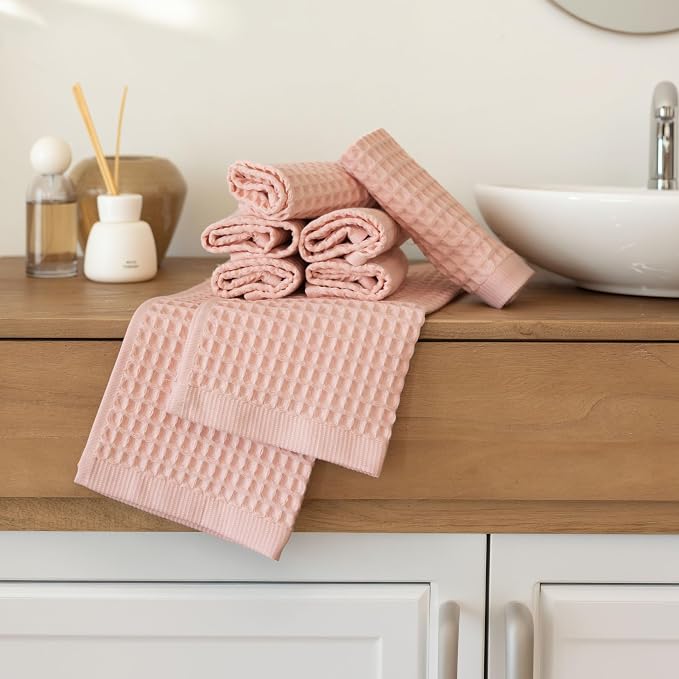 Waffle Washcloths Set of 8 Pink - Premium Quality 100% Turkish Cotton Face Washcloth, Soft Makeup Towel, Shower Cloth, Kitchen Towel (Light Pink, Set of 8 Washcloths)