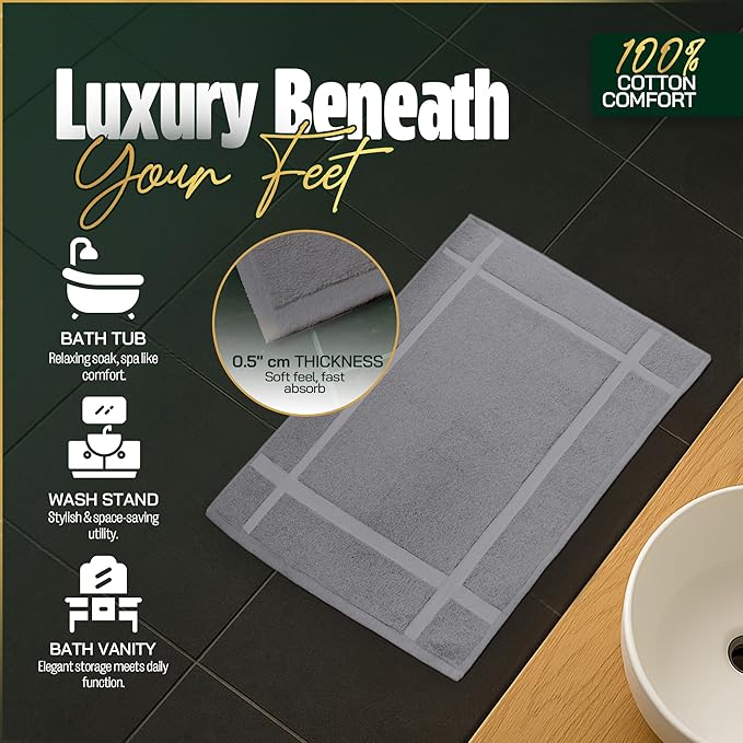 Pearl Linens 100% Ring Spun Cotton Bath Mat (Pack of 2) 20 x 30 Inch, Washable, Soft & Absorbent Terry Bathroom Floor Mat – Not Bathroom Rugs – Quick-Dry After Shower Bath Mat, 687 GSM, Light Grey