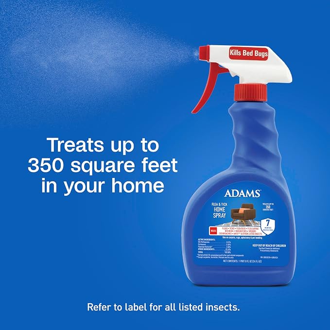 ADAMS Flea & Tick Home Spray for Indoor House Treatment, Kills Bed Bugs, Fleas, & Ticks, for Carpet, Furniture & Pet Bedding, Controls Fleas, Ticks, Bed Bugs, Cockroaches, Spiders & Mosquitoes, 24 oz