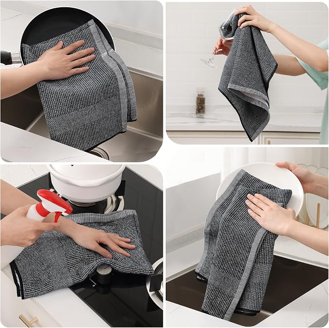 Mordimy Premium Kitchen Towels 6 Pack (18 x 28 Inches, Black), Large Cotton Kitchen Hand Towel, Flat & Terry Dish Towels for Drying Dishes, Super Absorbent Tea Dishtowels Set with Hanging Loop