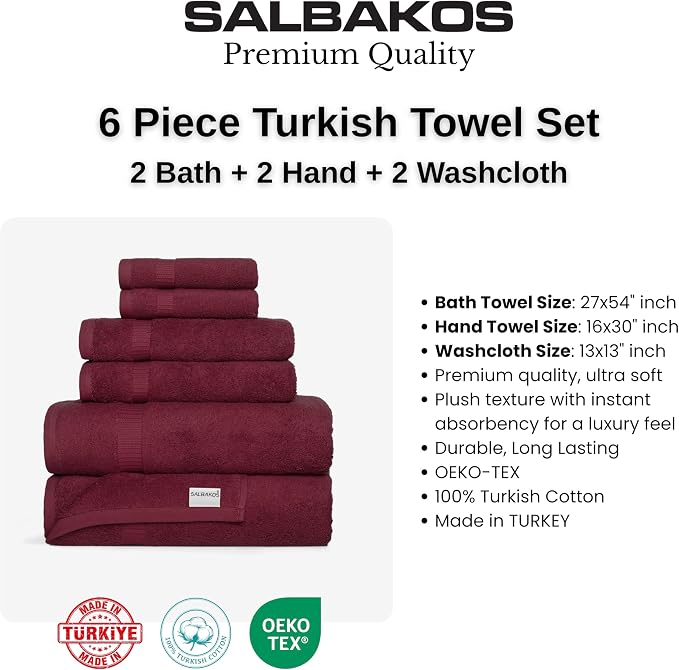 SALBAKOS 100% Turkish Cotton 6-Piece Towel Set | Premium Quality Hotel & Spa Collection | Ultra Soft, Super Absorbent 2 Washcloth, 2 Hand, 2 Bath Towels Sets | Made in Turkey (Wine, 6 Piece Towel Set)