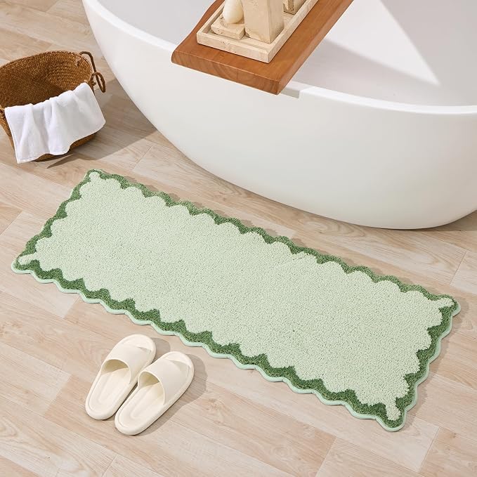 ORTIGIA Long Cute Scalloped Bathroom Rugs Runner, Fun Green Plush Microfiber Scallop Bath Mats Non Slip Washable Quick Dry Absorbent, Rug Carpet for Bathtub Sink Laundry Room Bedroom, 17x47