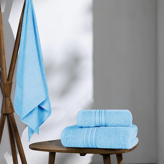 BOUTIQUO Ultra Soft 3 Pack Cotton Towel Set, Contains a Bath Towels 28x55 inch, a Hand Towels 16x24 inch & a Wash Coths 12x12 inch, Ideal Everyday use, Compact & Lightweight - Sky Blue