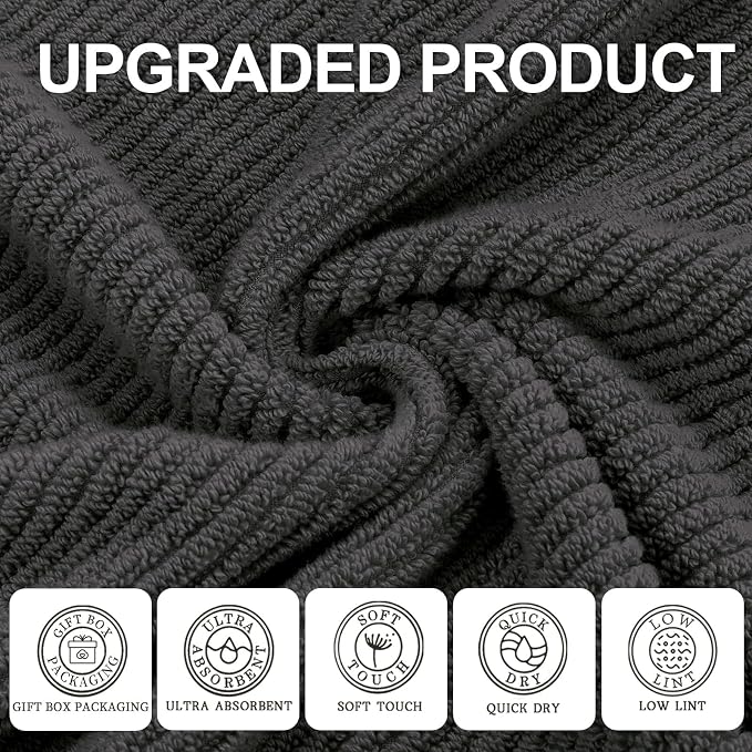 VOOVA & MOVAS Gray Towels - 100% Cotton | Lightweight | Quick Dry | Thick | Soft, Towel Set of 6, 2 Large Bath 30" x 56", 2 Hand 18" x 28", 2 Washcloths 13" x 13", Towel Gift Set, Dark Grey