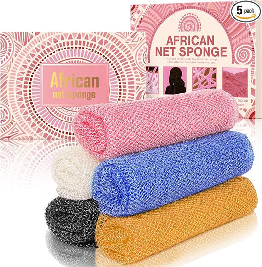 5 Pieces African Net Sponge – Deep Cleansing & Exfoliating Mesh for Glowing Skin – Stretchable, Quick-Dry Material for Daily Shower Use (Black, Blue, Pink, White, Orange)