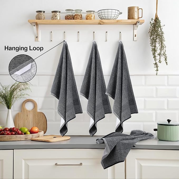 Mordimy Premium Kitchen Towels 6 Pack (18 x 28 Inches, Black), Large Cotton Kitchen Hand Towel, Flat & Terry Dish Towels for Drying Dishes, Super Absorbent Tea Dishtowels Set with Hanging Loop