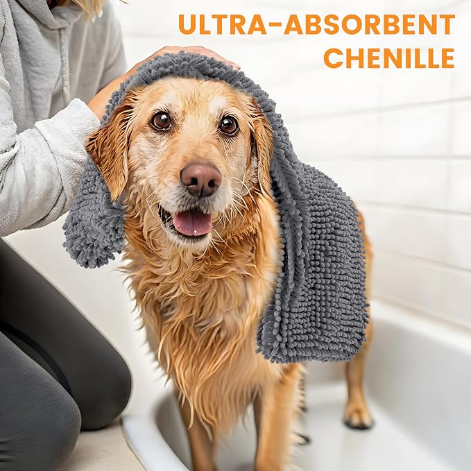 Smiry Chenille Dog Drying Towel, Extra Absorbent Bath Towel for Mud Dogs, Ultra Soft Quick Dry Pet Wash Mitt for Bathing, Grooming and Post-Walk Cleaning (31x13 Inches, Dark Grey)