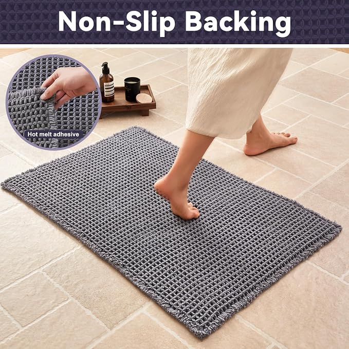Triohero Waffle Bath Mat, Boho Bathroom Rugs Non Slip Washable, Ultra Soft Super Absorbent Quick Dry Farmhouse Bathroom Decor, 20" x 30", Dark Grey