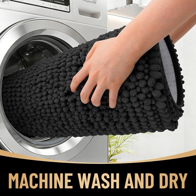 OLANLY Thick Small Bathroom Rugs 24x16, Extra Soft Absorbent Chenille Bath Rugs, Rubber Backing, Machine Wash Dry, Bath Mats for Bathroom Floor, Tub and Shower, Home Decor Accessories, Black