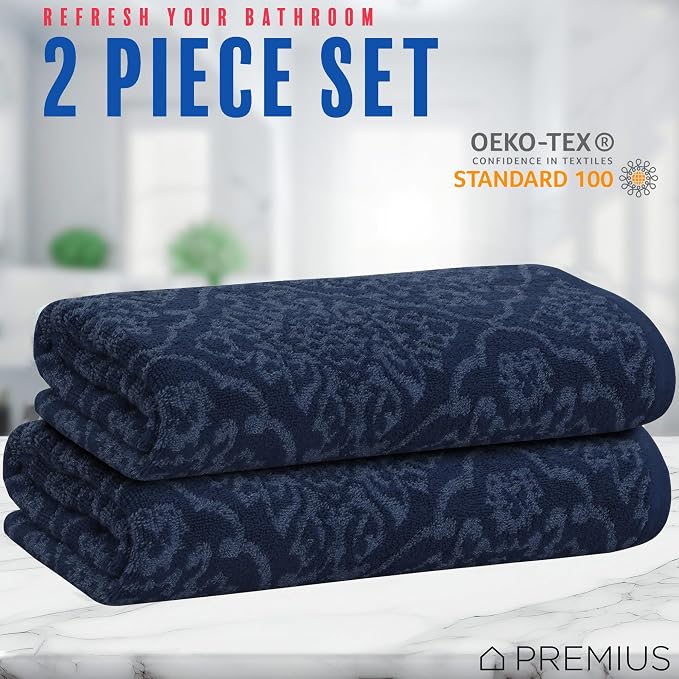 2 Pack Damask Hand Towel, Bath Towel, and Bath Sheet Towel, 100% Cotton Yarn Dyed, Lux Drying Experience, Great for Hands and Body, Perfect for Spa & Home Use (Navy, Bath Towel)