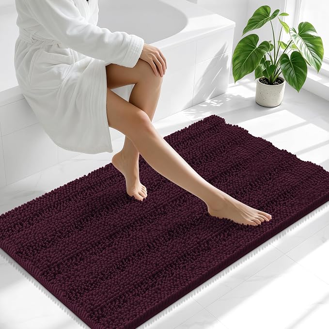 Smiry Thick Chenille Bathroom Runner Rugs 44x24, Extra Absorbent Striped Bath Mat, Machine Washable, Rubber Backing, Long Bath Rugs for Bathroom, Tub & Shower, Home Decor Accessories, Black Cherry