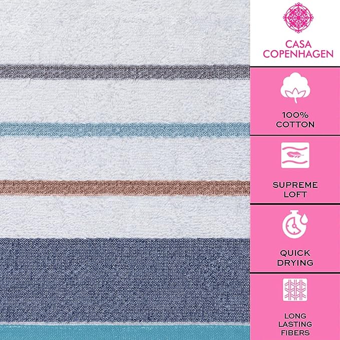 CASA COPENHAGEN White Bay 4Pcs 100% Egyptian Cotton Designer Hand Towels Gift Set- Grey - Denim 600 GSM, 28"x16", 4Hand Towels for Bathroom Set for Women & Men