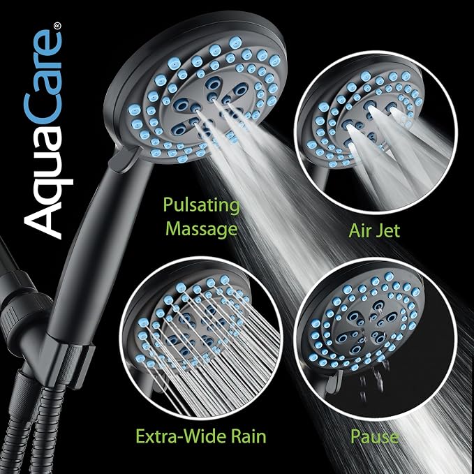 AquaCare Seen-On-TV High Pressure 8-mode Handheld Shower Head - 2-mode Power Wash to Clean Tub, Tile & Pets, Stay-Clean Nozzles, Extra Long 6 ft. Stainless Steel Hose, Wall & Overhead Brackets, Black