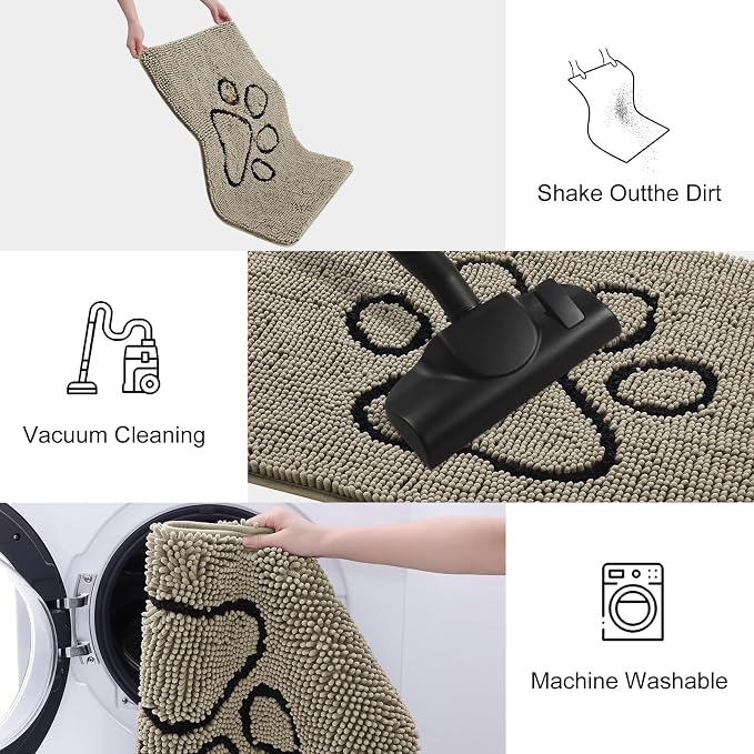 Smiry Dog Door Mat for Muddy Paws, Absorbent Dirt Trapper Non Slip Quick Dry Washable Chenille Mat for Mud Dogs, Entry Rug for Indoor and Outdoor (48x30 Inches, Warm Taupe and Black)