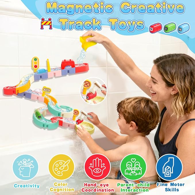Fajiabao Bath Toys for Kids Ages 4-8 3-5 Fun DIY Bathtub Toys for Toddler | 38 PCS Modular Track with Magnetic Cars Easy-Assemble Slide for 3+ Year Old Boys Girls Gifts with Strong Suction Cups
