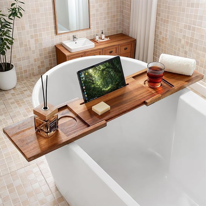 Adjustable Bathtub Tray with Accessories Holder, 32-42 Inches Wood Bath Tray for Tub