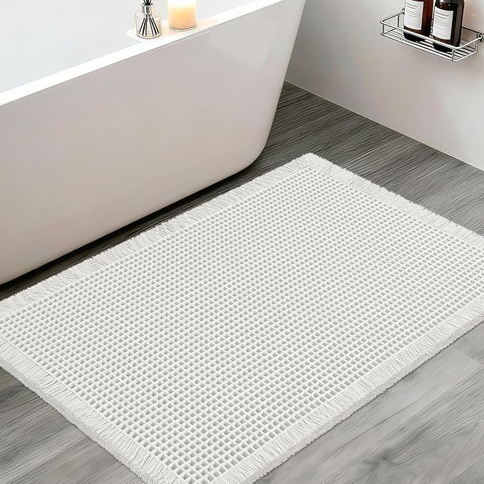 ACCUMTEK Upgraded Waffle Bath Mat, 36"x24" White, Super Absorbent Non-Slip Quick Dry Bathroom Rugs with Tassels, Machine Washable Ultra Soft Boho Bath Rugs for Floor, Toilet Mats Boho Farmhouse Decor