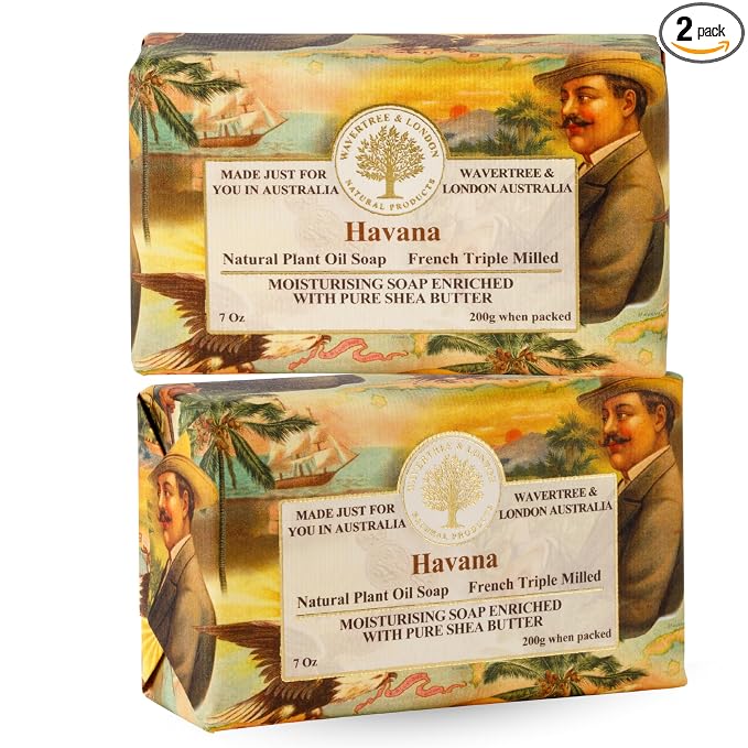 Wavertree & London Havana Scented Natural Soap (2 Bars), 7oz Moisturizing French Triple Milled Soap Bars enriched with shea butter - Pure Plant Based Bath & Body Bars for All Skin Types