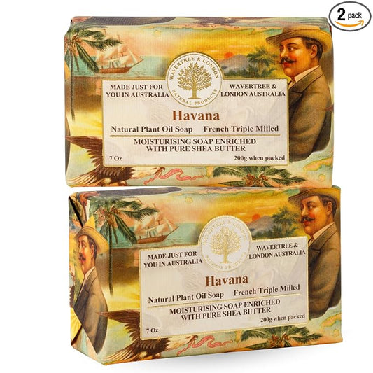Wavertree & London Havana Scented Natural Soap (2 Bars), 7oz Moisturizing French Triple Milled Soap Bars enriched with shea butter - Pure Plant Based Bath & Body Bars for All Skin Types