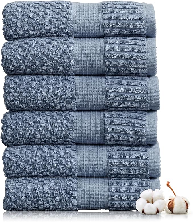 NY Loft 100% Cotton 6-Pack Hand Towel Set | Flint | Oeko-TEX | Quick-Dry | Six 16" x 28" Hand Towels | Super Absorbent | Designer-Styled Texture