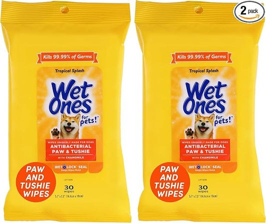 Wet Ones Dog Wipes, Pack of 2, 30 Count Total | Paw & Tushie | Tropical Splash Scent | Wet Lock Seal Pouch | With Chamomile