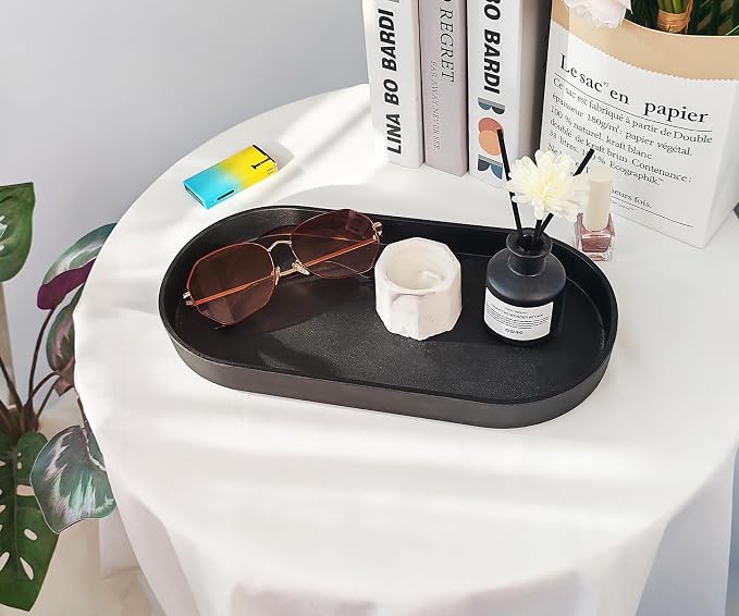 Black Small Tray (11.8 inch), Oval Tray, Countertop Organizer | for Kitchen Counter, Bathtub Bathroom Vanity Items, Coffee Accessory, Bar, Serving Seasoning, Salt and Pepper, Soap, Perfume.