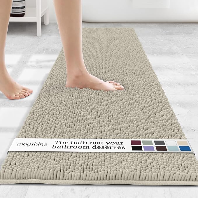 MAYSHINE Plush Shaggy Chenille Bath Mat, 71"x31" Runner, Extra Soft, Super Absorbent, Non-Slip Bathroom Rug, Fluffy Microfiber, Area Rug Sets for Bathroom Floor, Kitchen, Living Room, Wax White