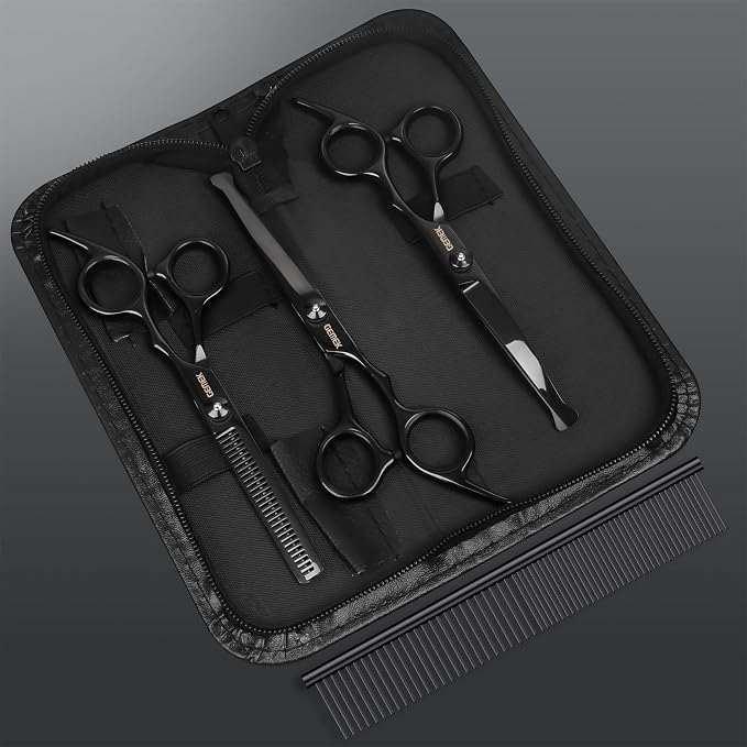 Dog Grooming Scissors Kit with Safety Round Tips, GEMEK Professional 5 in 1 Grooming Scissors for Dogs (Black 5 in 1)