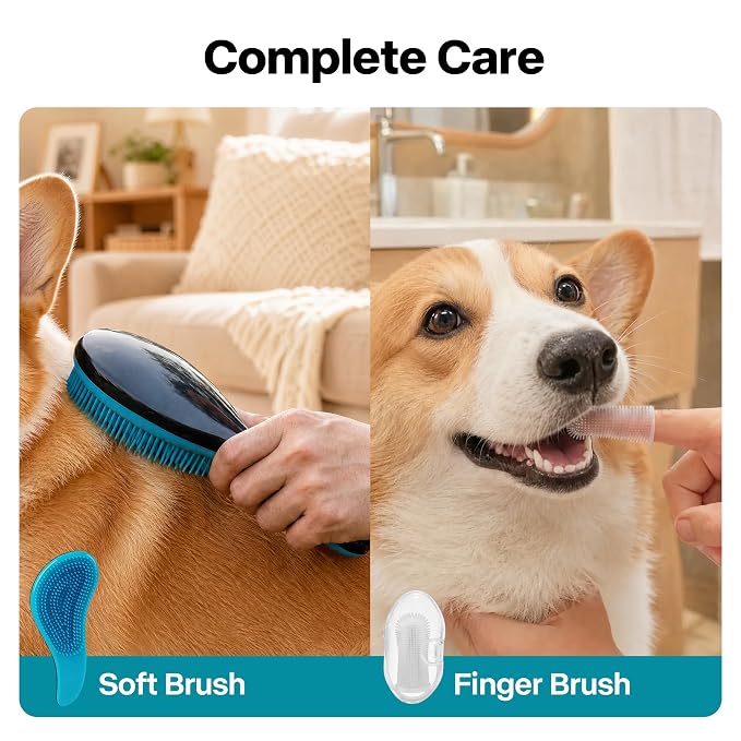 PAWISE Dog Grooming Kit 7-in-1, Dog Bath Brush Set with Pet Washer, Paw Washer, Soft Brush, Finger Brush, Tick Remover & Microfiber Towel - Pet Grooming Supplies for Dogs and Cats