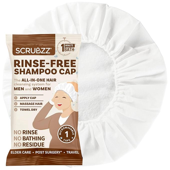 Scrubzz Shampoo Cap No Rinse for Elderly and Bedridden Patients, Rinse Free Shampoo Cap for Post Surgery and Hospital Stays, Waterless Hair Washing Shower Caps - Coconut Vanilla - 1 Pack
