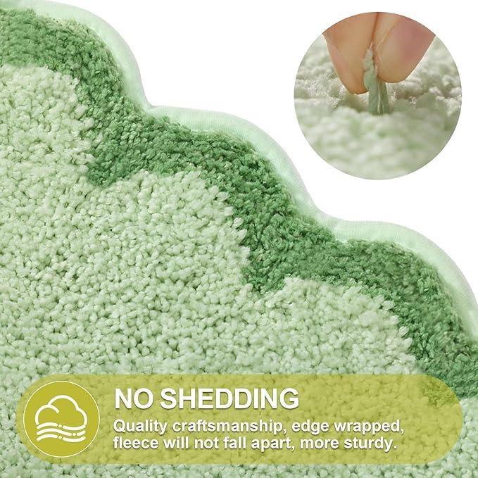 ORTIGIA Small Green Scalloped Bath Mat, Cute Plush Microfiber Scallop Bathroom Rugs Non Slip Washable Quick Dry Absorbent, Bathmat Carpet for Shower Stall Vanities Kitchen Floor Entrance, 17x24