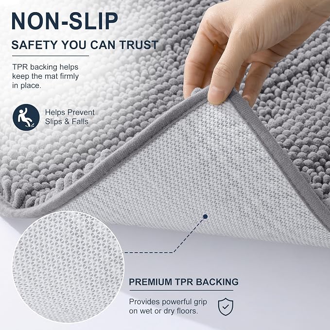 Smiry Thick Chenille Bathroom Rugs 30x20, Extra Soft Absorbent Striped Bath Mat, Machine Washable, Rubber Backing, Bath Rugs for Tub & Shower, Modern Home Decor Accessories, Grey