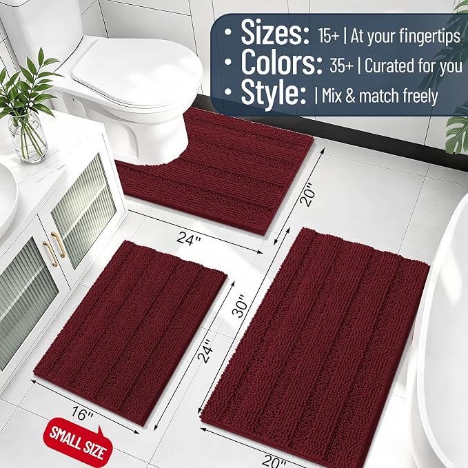 Smiry Thick Chenille Bathroom Runner Rugs 44x24, Absorbent Striped Bath Mat, Machine Washable, Rubber Backing, Long Bath Rugs for Bathroom, Tub & Shower, Home Decor Accessories, Andorra Red-Brown
