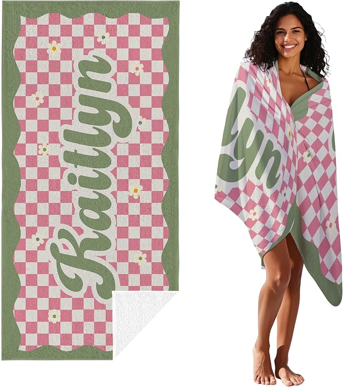 JML Personalized Beach Towel with Name, Custom Flower Beach Towel, Customized Microfiber Pool Towel, Quick Dry & Absorbent Swim Towel for Adult,Anniversary, Birthday, Summer Holiday,Vacation