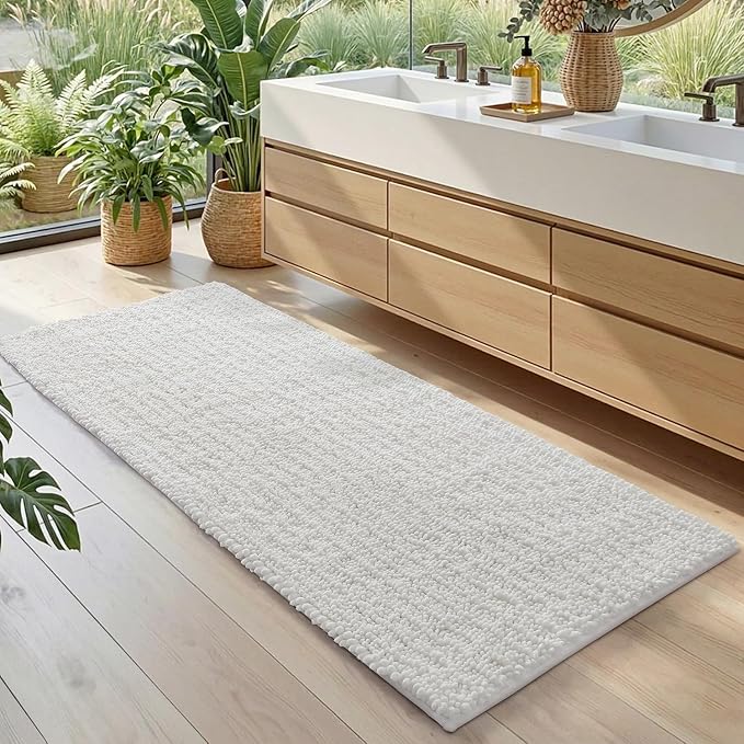 DEXI Bathroom Rugs 60x24, Super Soft Thick Chenille Absorbent Bath Mat, Non Slip Machine Washable Fluffy Shag Bathmat for Tub, Shower Floor, White