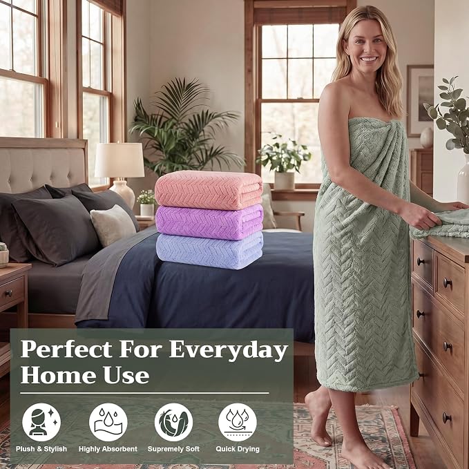 4 Pcs Microfiber Bath Towel Set 35" x 70" Oversized Turkish Luxury Plush Bath Sheet Extra Large Pastel Jacquard Chevron Sheet Soft Coral Velvet Absorbent Blanket for Pool Shower Spa